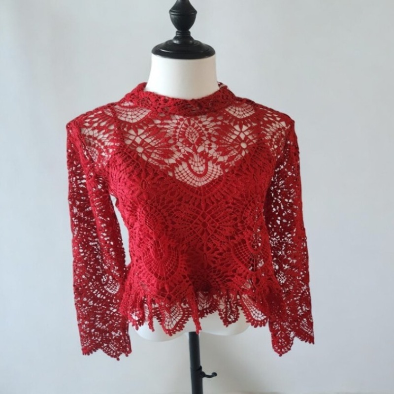 RED LACE HIGH NECK LONG SLEEVE