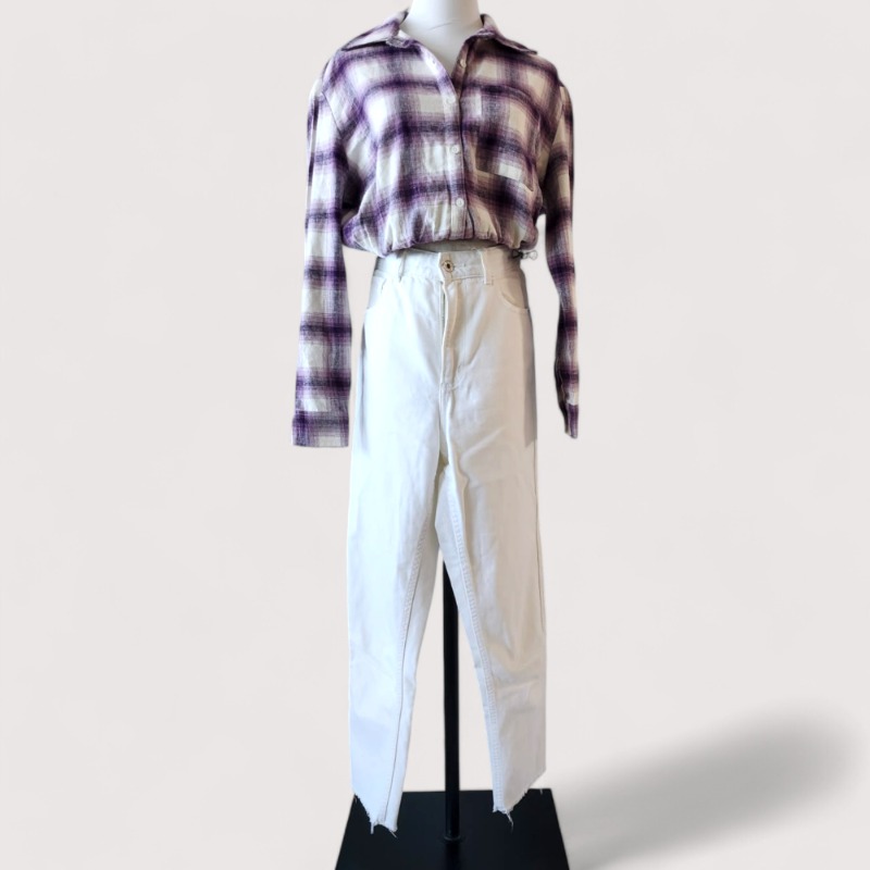 Plaid Long Sleeve and White Pants