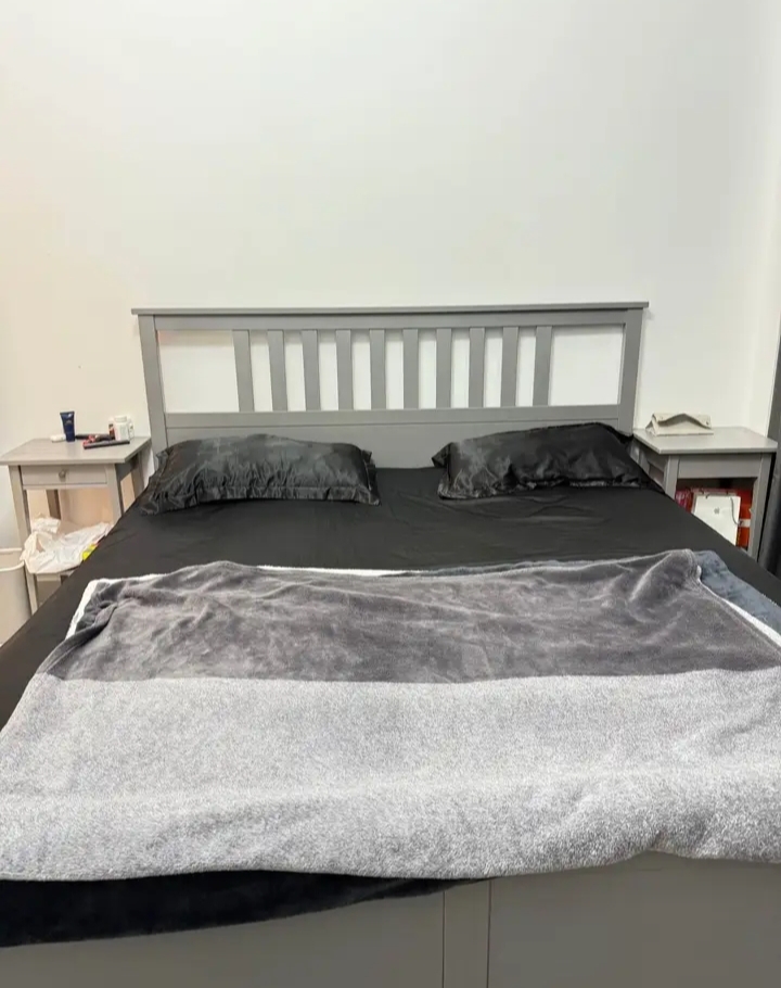 King Size Bed Gray Color with 2 bedside tables