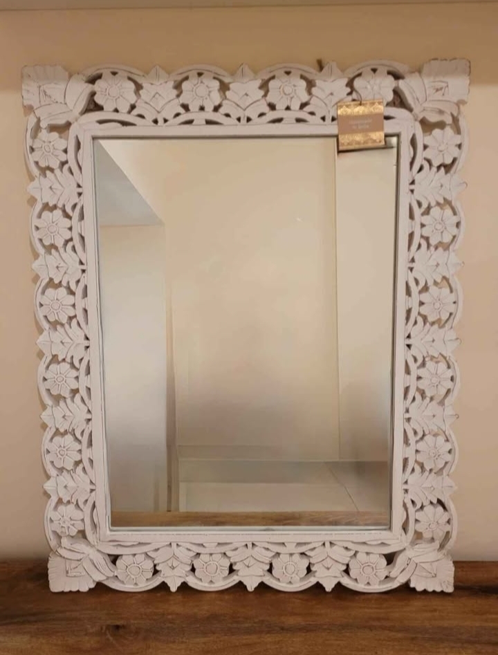 Handmade Rustic Wood Mirror with Flower Carvings