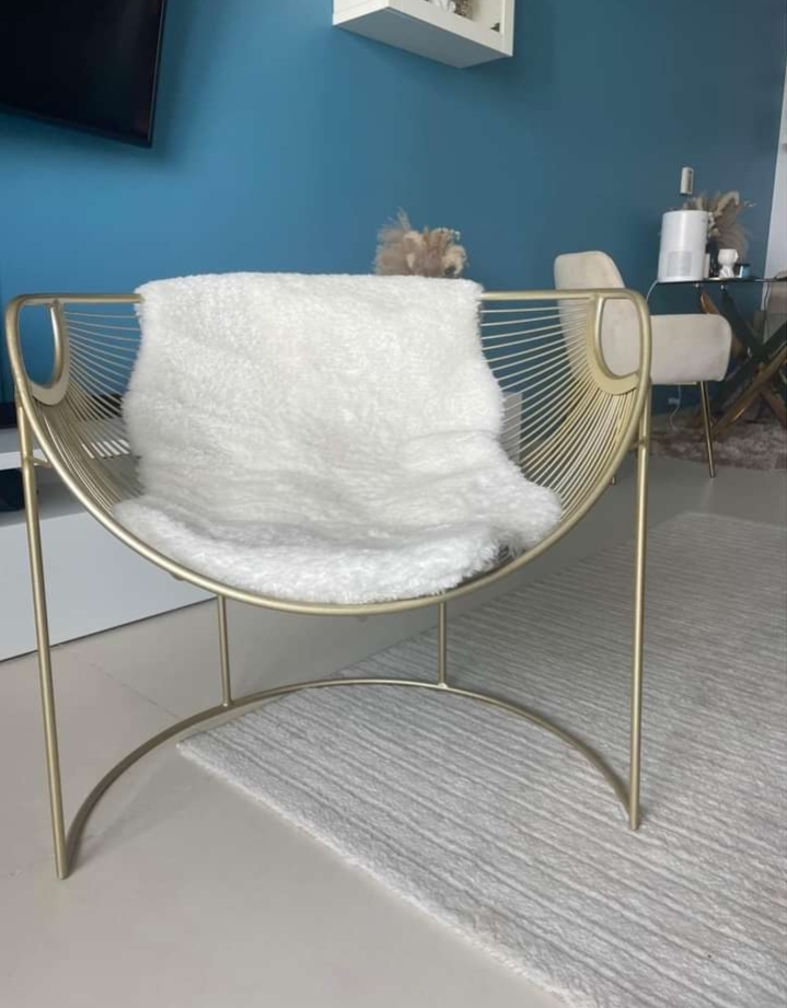 Golden Metal Armchair with White Sheepskin Cover