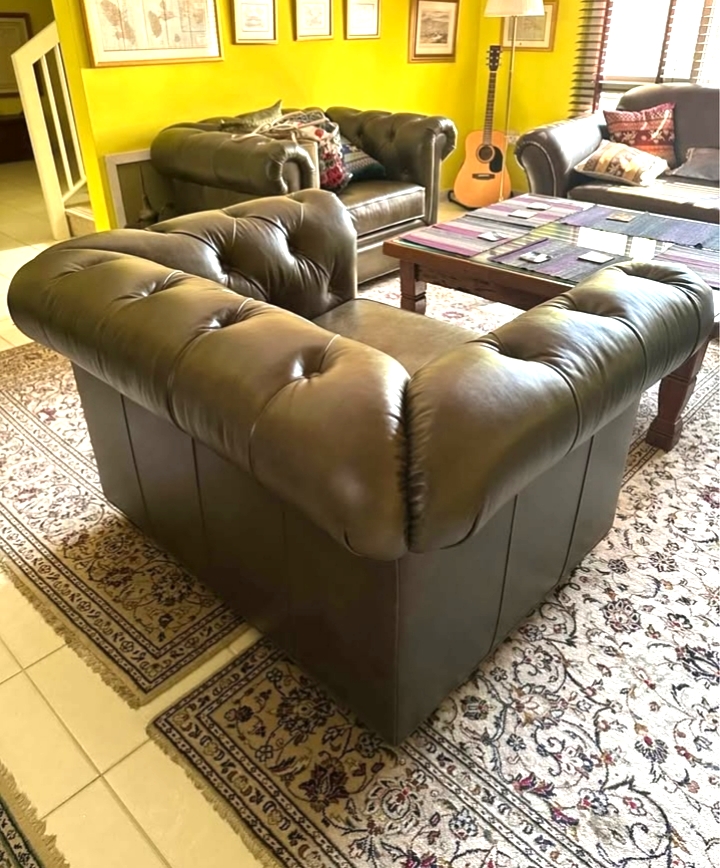 Pottery Barn- Elegant  Pair of Chesterfield Armchairs in Premium Forest Green Leather"