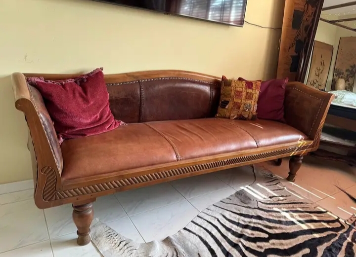 Handcrafted Teak and Leather Sofa