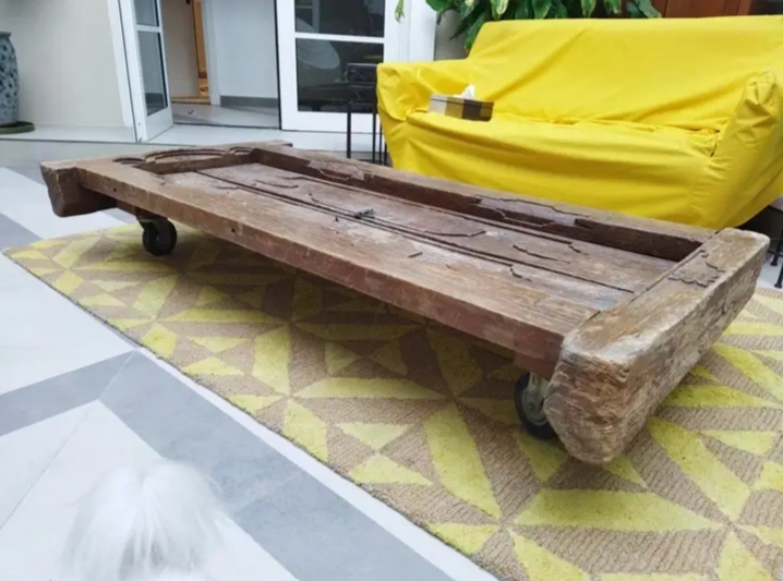 Vintage Wooden Coffee Table with Wheels