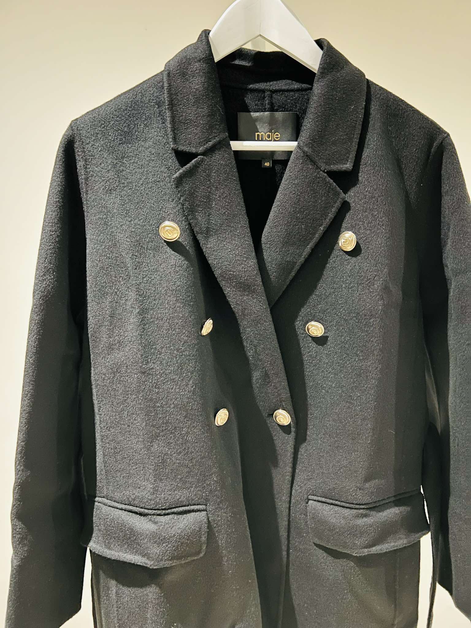 Maje Double-Breasted Belted Embellished Wool Blend Overcoat