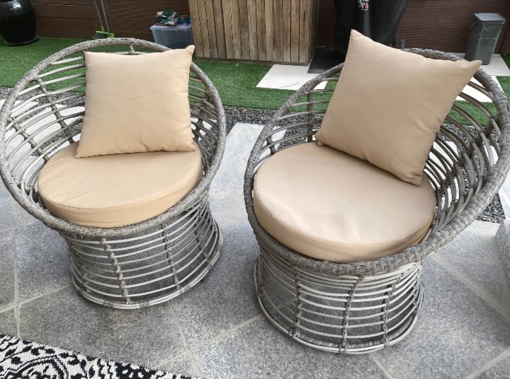 Set of 2 Rattan Outdoor Chairs with Gray Cushions and Beige Leather Upholstery