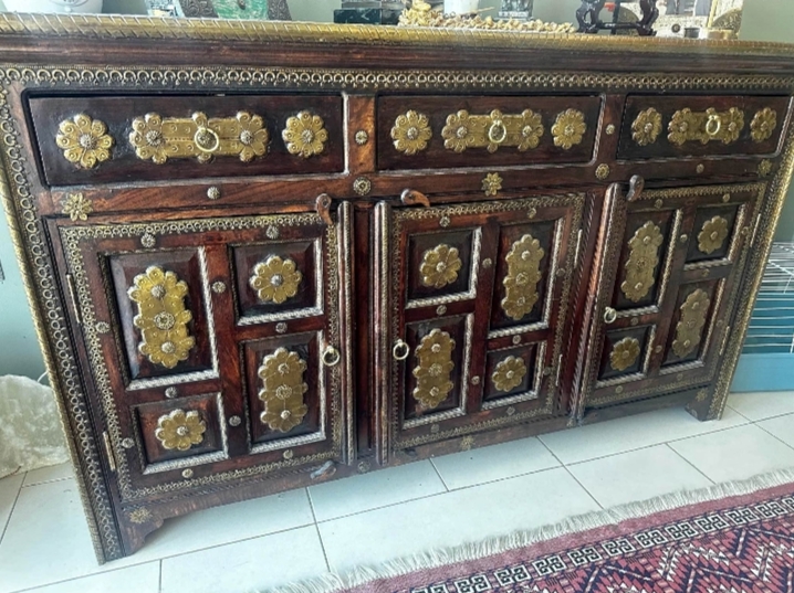 Handmade Solid Wood Buffet Table with Doors and Brass Sideboard